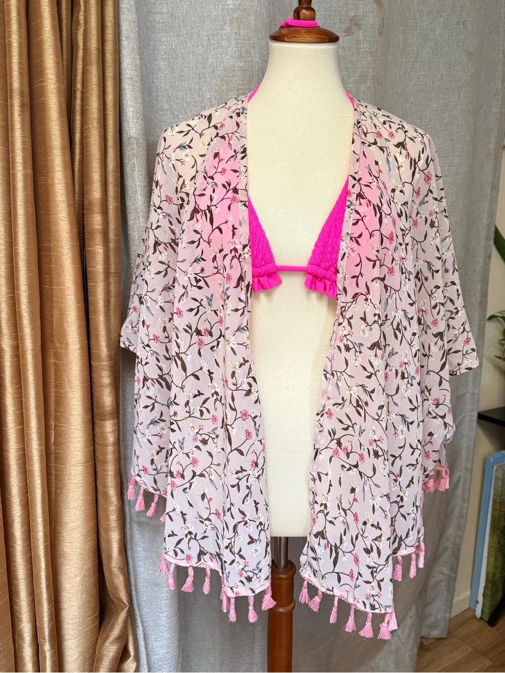 Light Pink Floral Tassel Kimono Tunic